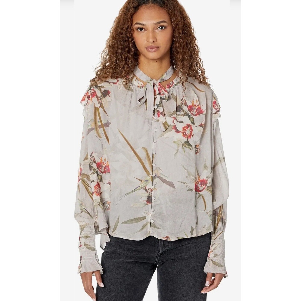 Floral Print Ruffle Trim Blouse Tie‎ Neck Long Sleeve Casual Top